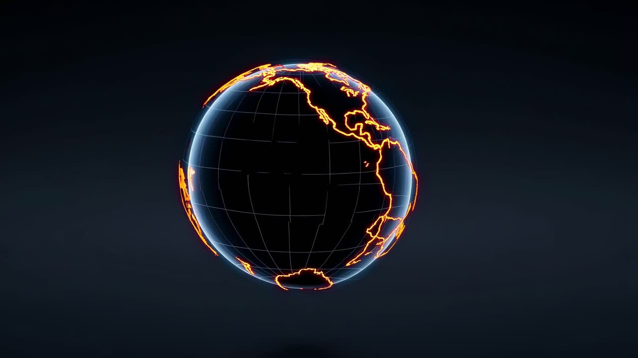 Futuristic video concept of a glowing digital globe with neon outlines, viewed from a front angle