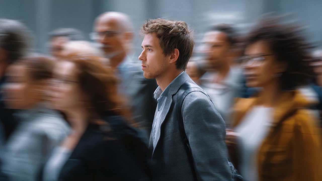 A solitary figure stands out amid a bustling crowd, showcasing the contrast between individuality and anonymity in a fast-paced urban environment