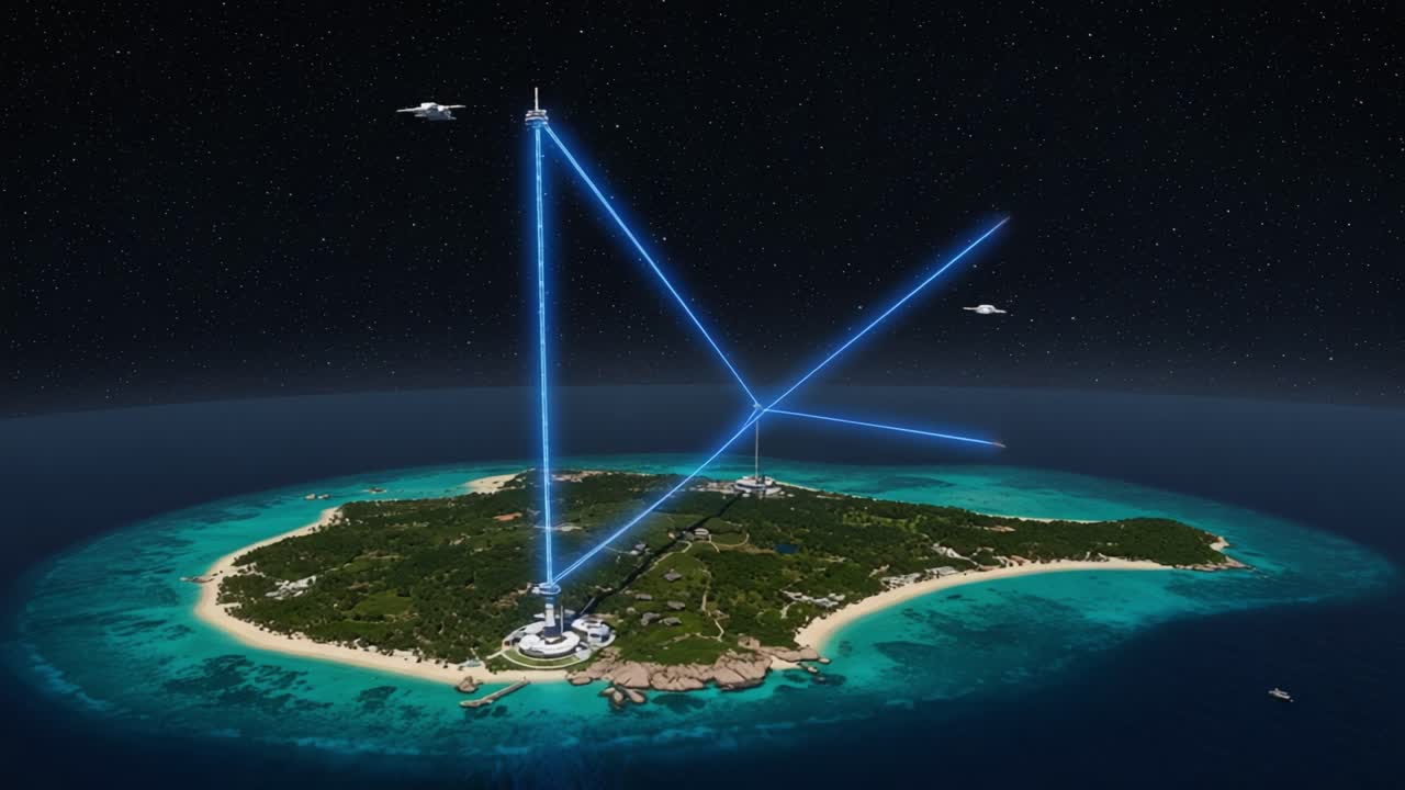 Aerial View of a Futuristic Island with Laser Beams Emitting from Tower Structures, Highlighting Advanced Technology in a Serene, Tropical Setting