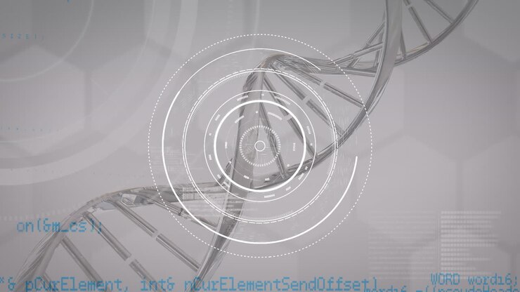 DNA, floating white rings and blue data on grey