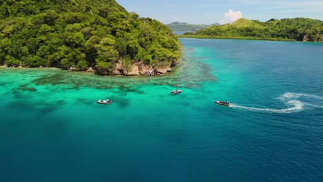 drone flying over group of snorkelers and tender boats from cruise ship tour