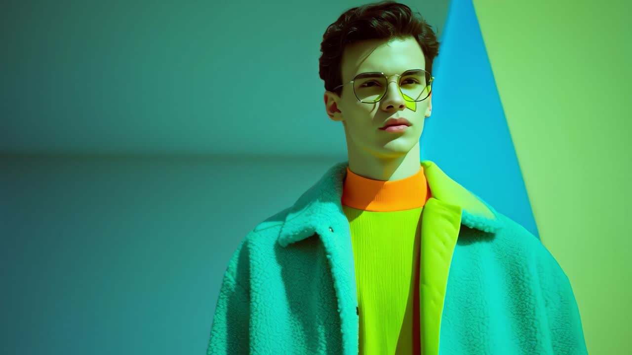 A striking portrait showcasing a young male model with glasses, dressed in vibrant layers of bright colors against a modern, minimalistic background highlighting geometric shapes and hues