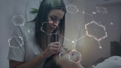 animation of chemical formula over caucasian beautician and client
