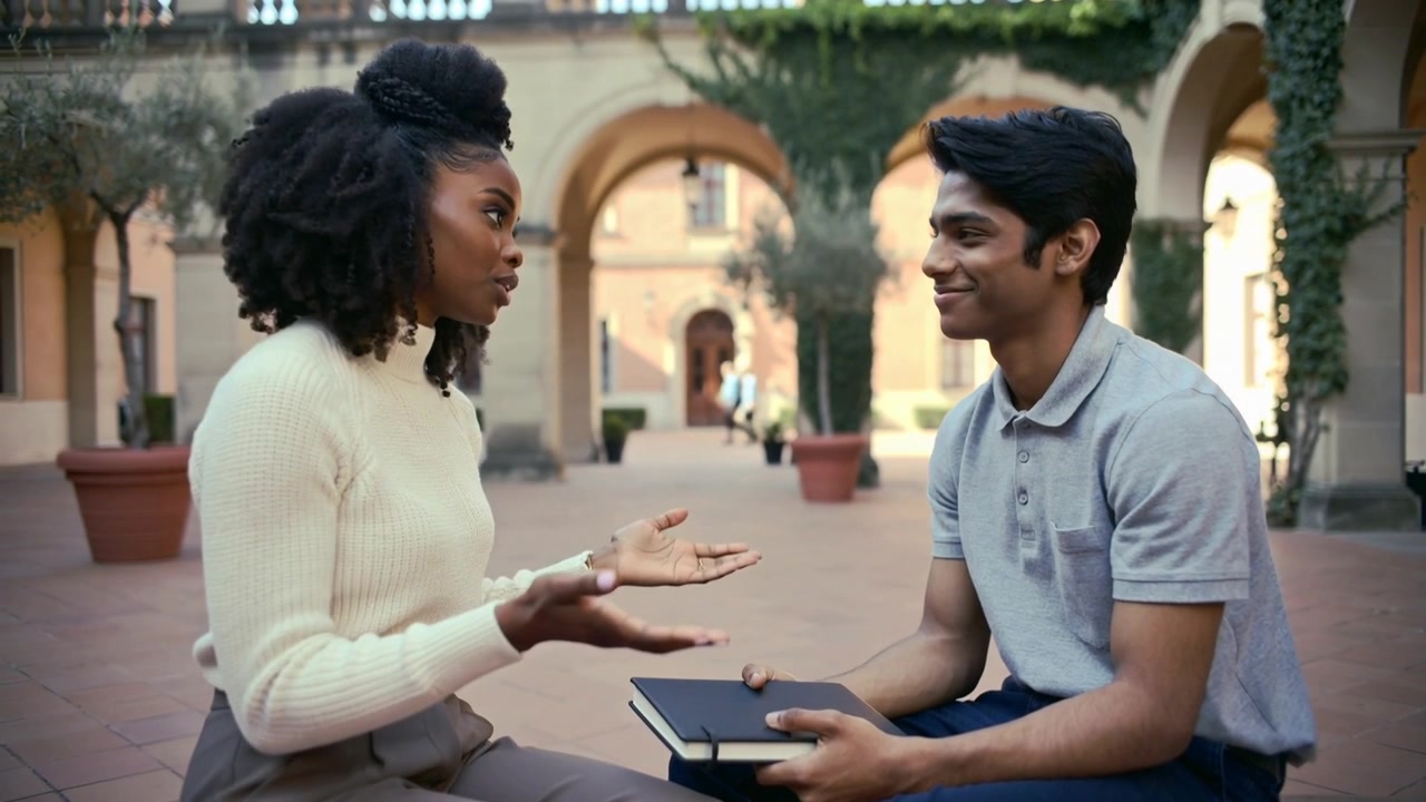 Leaning woman explaining class while listening man holding black notebook in courtyard, ribbed top