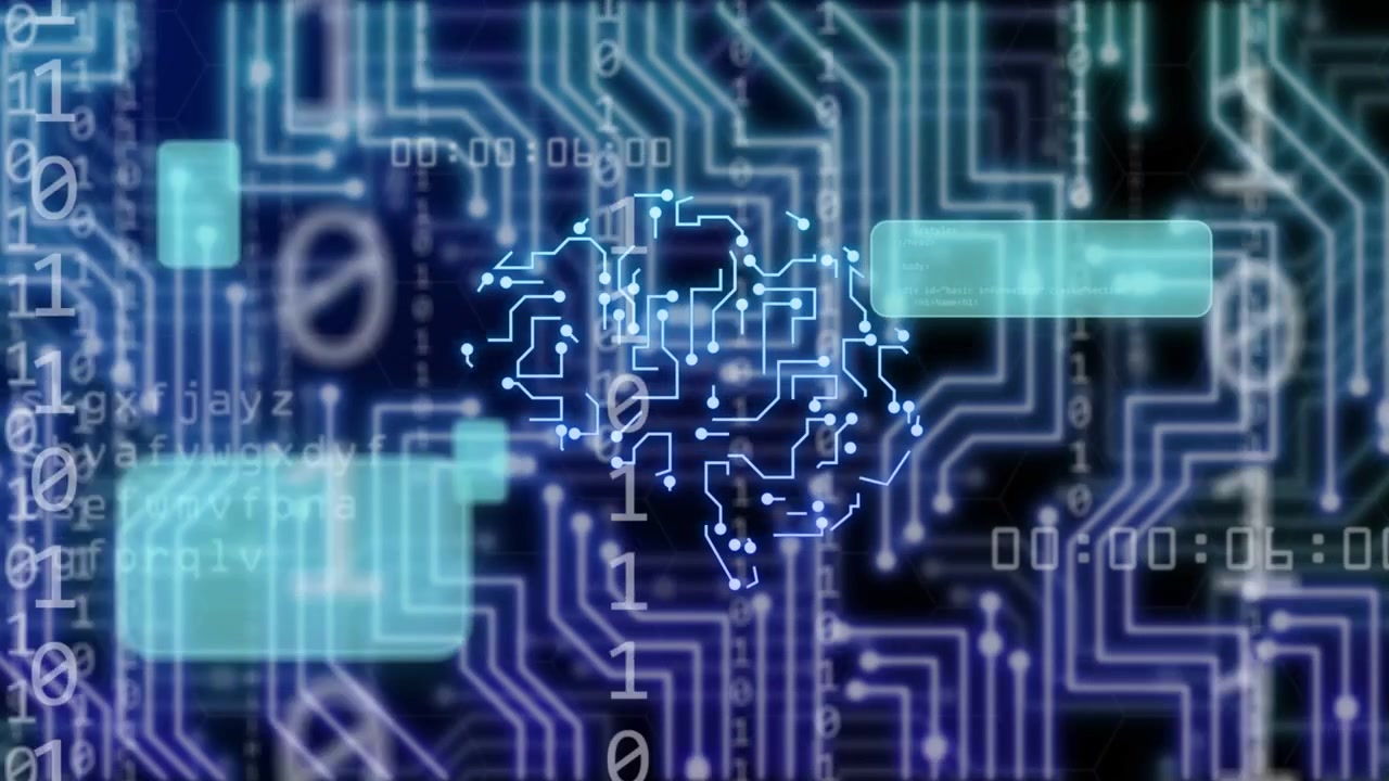 Data pulse sparking neon circuit brain pulsing, nodes moving, code streams scrolling to show flow