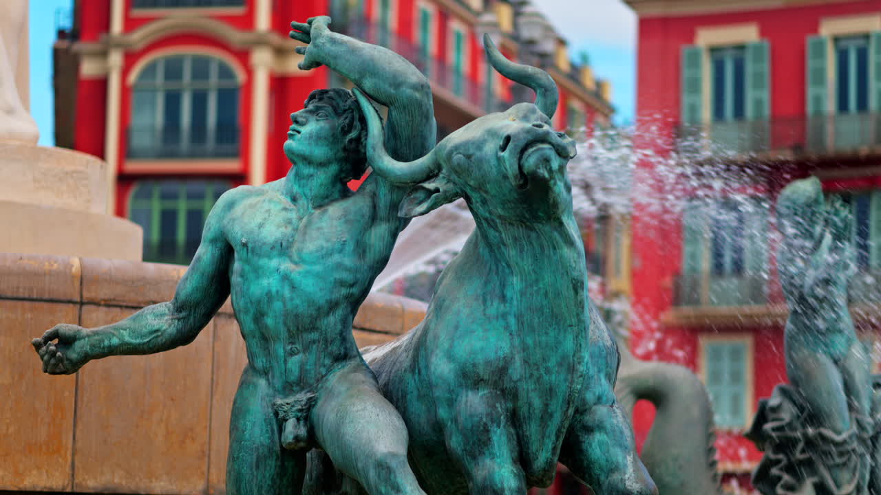 Nice, France - May 12, 2025: Close up of the Sun water fountain in the Massena Square in daylight