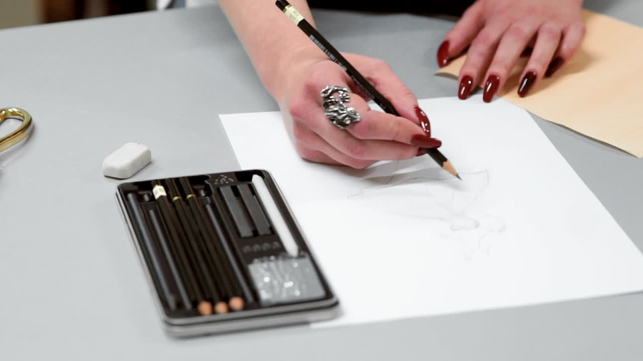 Designer drawing sketches for clothes. Hipster designer working from home, sketching a fashion project. Female artist's hand sketching with a pencil on a light day. Closeup.