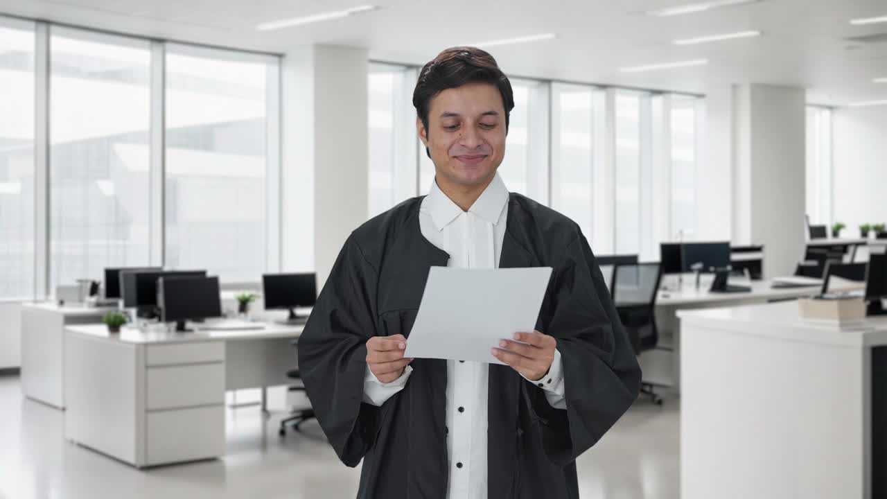 abogado indio feliz leyendo contratos