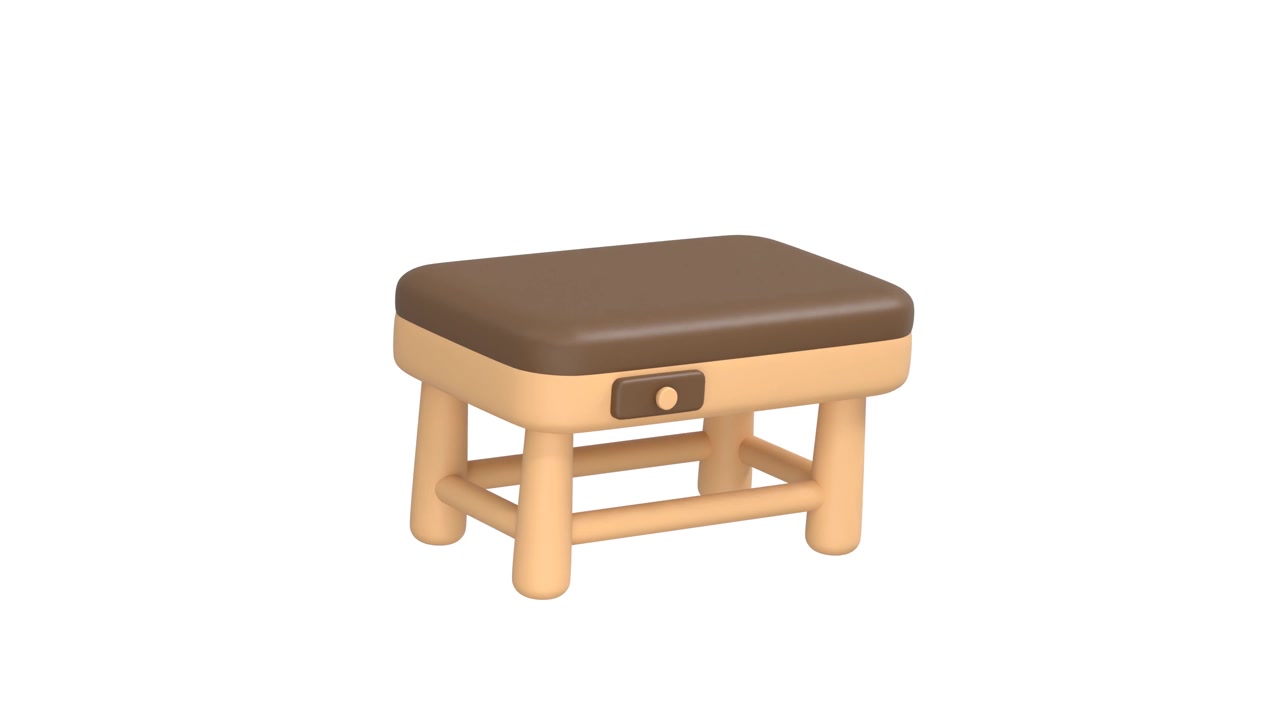 3D render malé dřevěné stoličky s hnědým polštářem