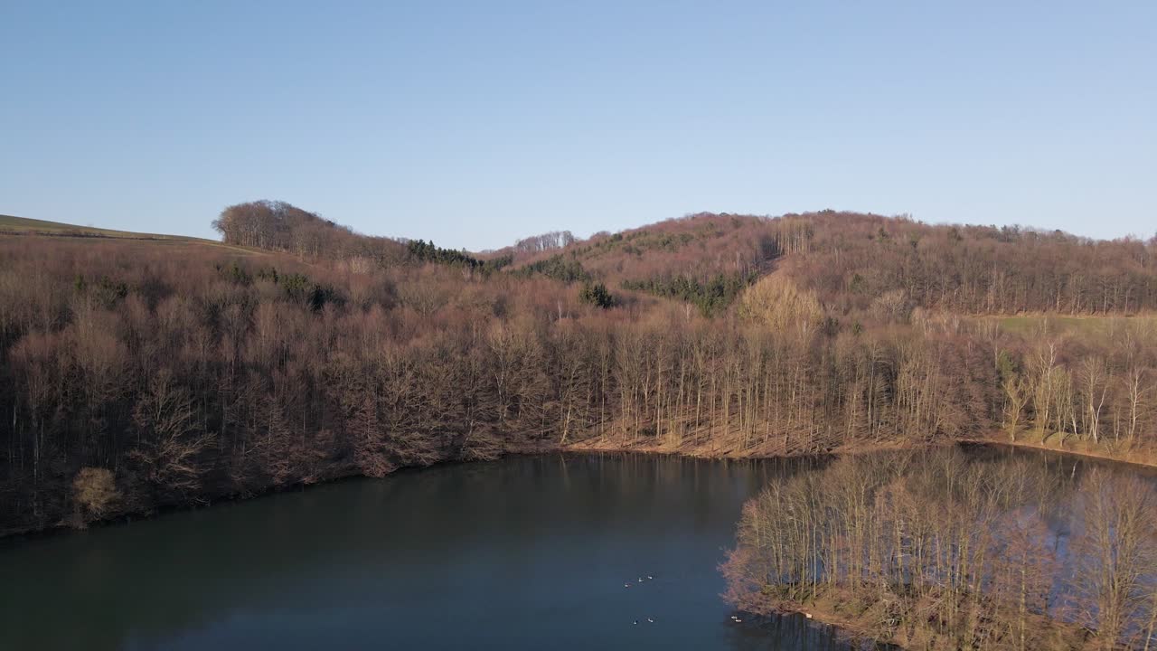árboles marrones y sin hojas se encuentran con las aguas azules frescas de un lago artificial durante una puesta de sol de invierno
