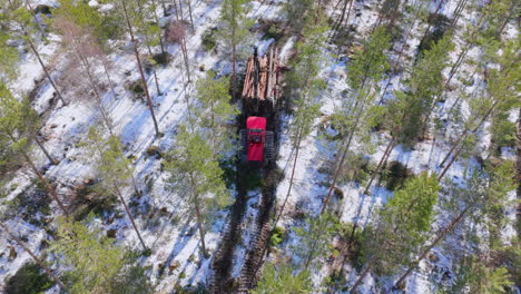 El-Transportista-Rojo-Transporta-Troncos-De-árboles-Talados-En-Un-Remolque-A-Lo-Largo-De-Una-Pista-Forestal-Nevada