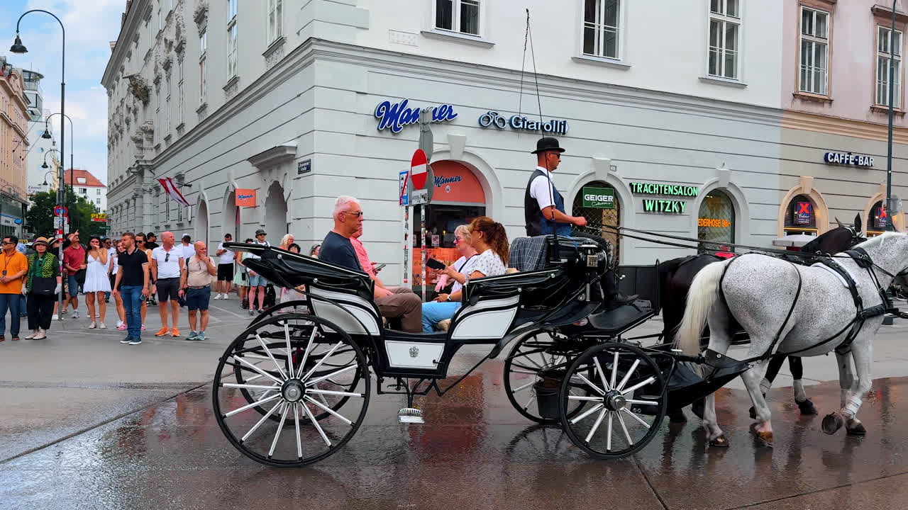 Vienna, Austria - June 9, 2025: Carriages with beautiful horses giving a ride to the tourists. Tour by the historical part of Vienna, Austria