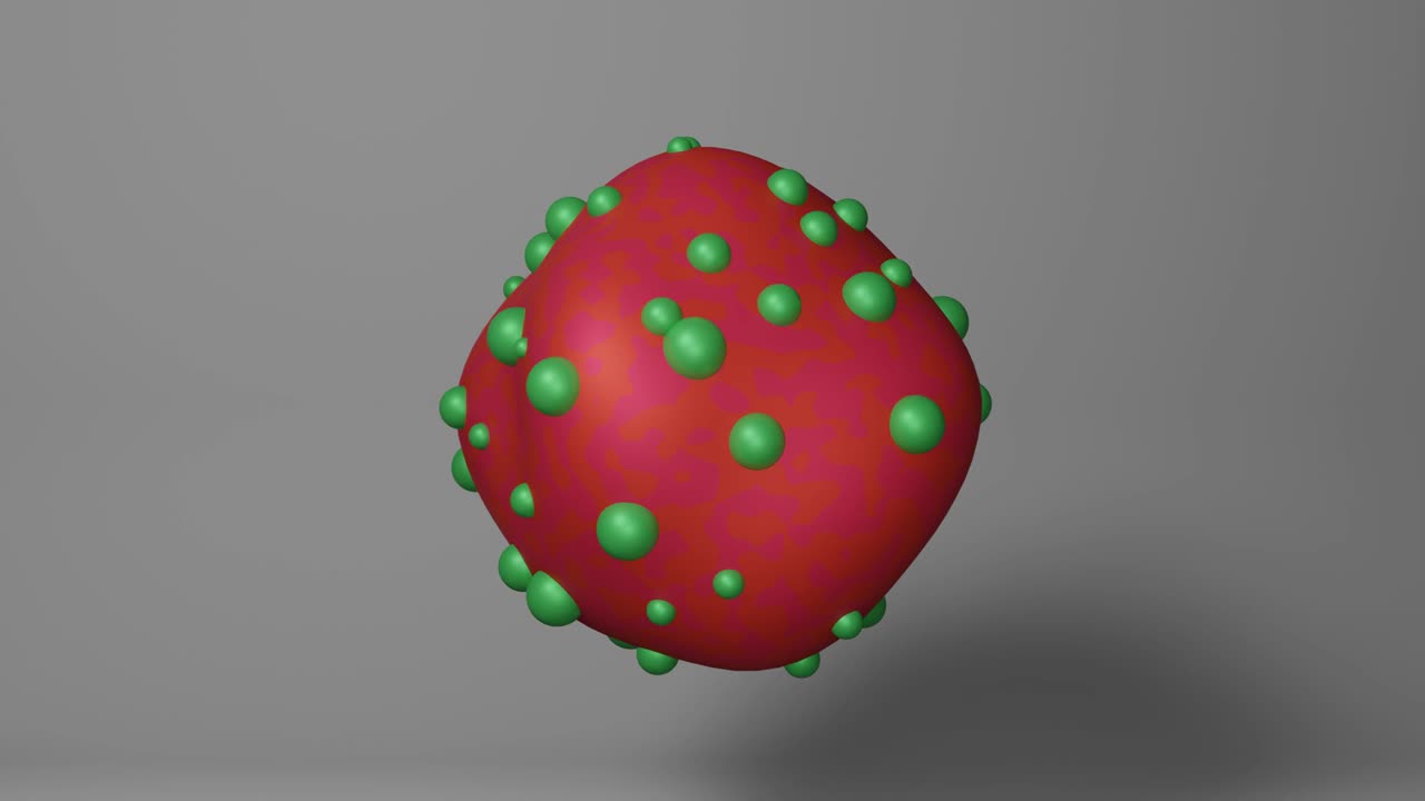 forma líquida rosa y roja abstracta con burbujas verdes remodelar y transformar. animación de objetos creativos renderizados en 3d