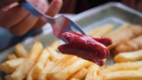 child eating french fries and hot dog