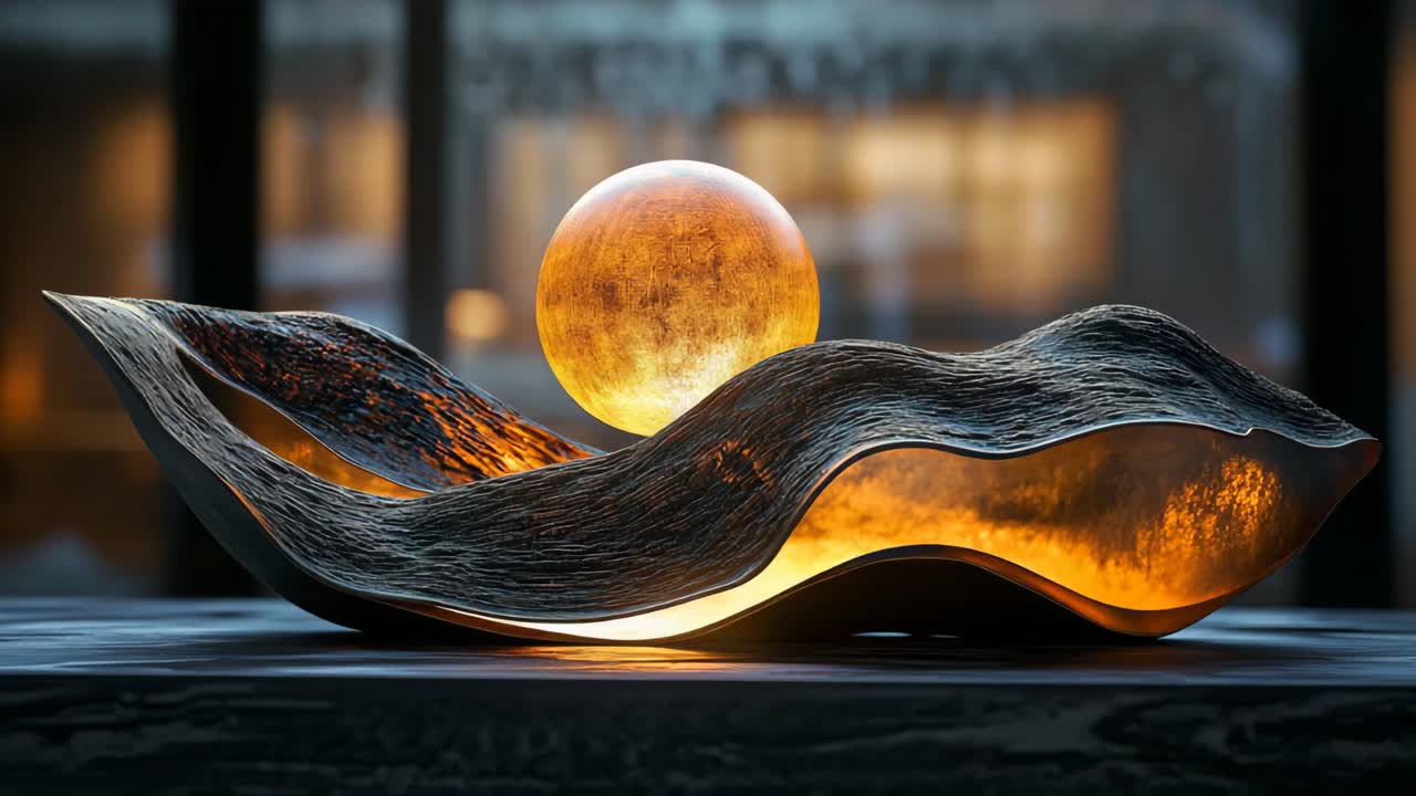 Abstract Gold Sculpture with Illuminated Orb