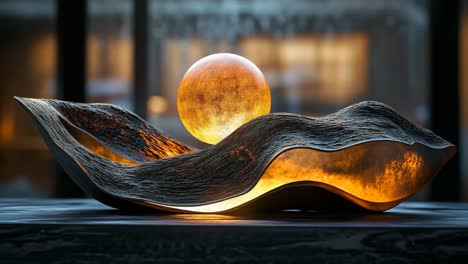 abstract gold sculpture with illuminated orb