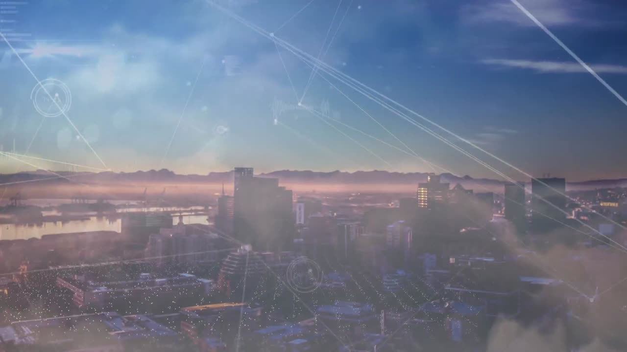 도시 풍경의 공중 시야에 대한 연결 및 데이터 처리의 네트워크의 지구상의 애니메이션