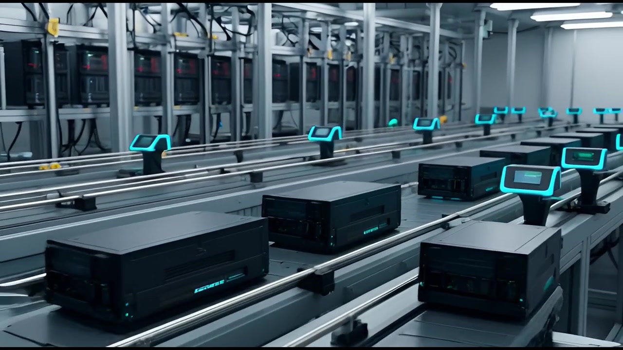 High-Tech Servers Moving Along an Automated Conveyor Belt in a Factory