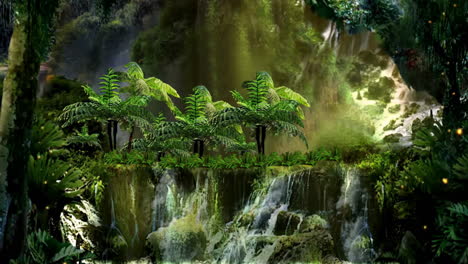 Mysterious-forest-waterfall-landscape-China's-traditional-Oriental-Digital-Art-animation,-Chinese-retro-painting-ink-misty-mountain-with-flowers,-tree,-birds,-river-in-fog