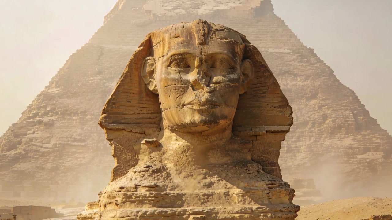 Vítr sílí, písek se snáší kolem Velké sfingy v Gíze, zahalující pyramidu a obvodové oplocení