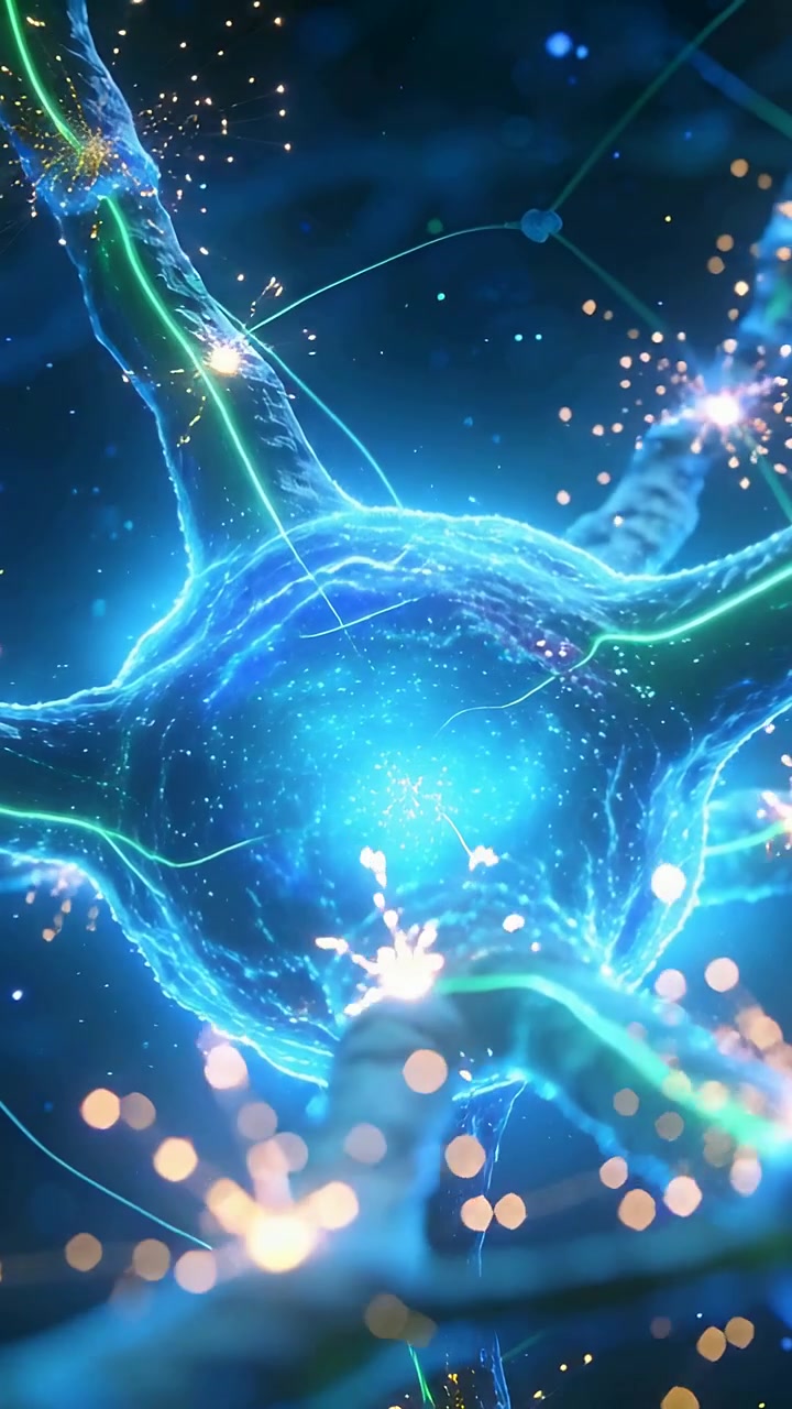 Vertical video: Zoom causing soma pulsing and sending neon signals in neural mesh showing firing