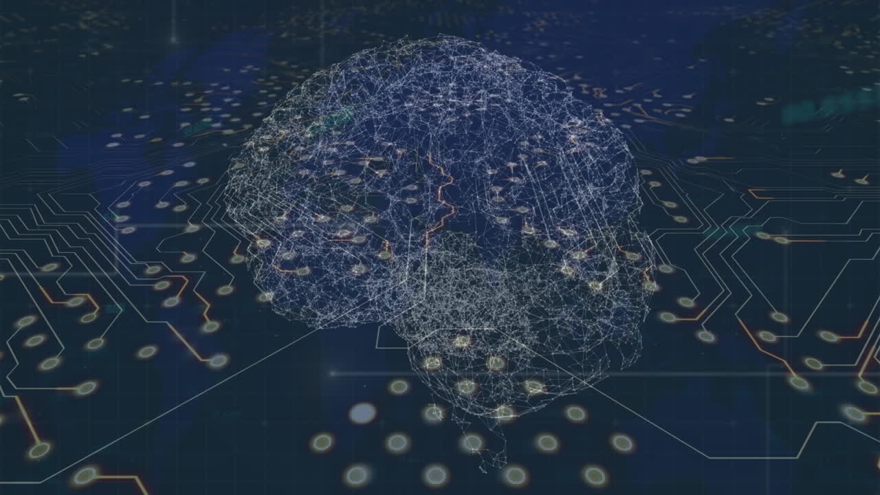 Animation of digital brain over computer circuit board on black background