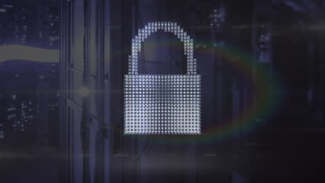 animation of cloud, security padlock, shield icon and light spot against computer server room