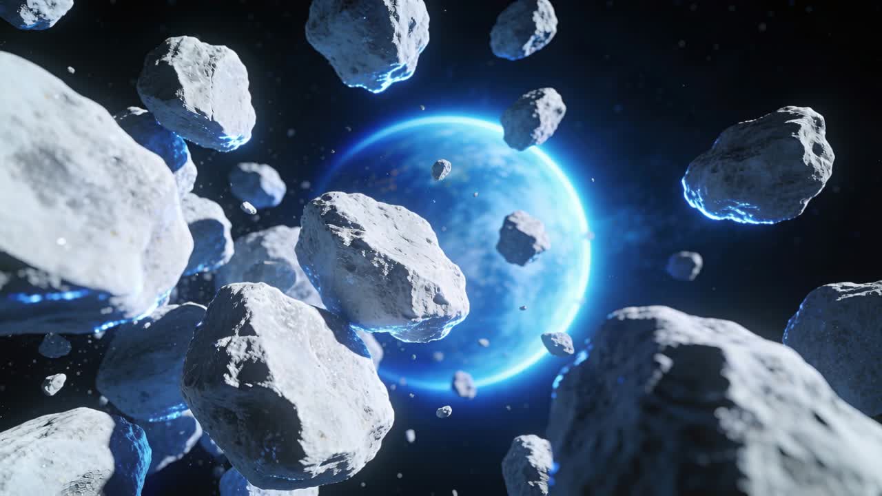 Kamera liikkuu eteenpäin, kun kivinen asteroidirykelmä ajelehtii hehkuvan sinisen planeetan ohi ulkoavaruudessa.