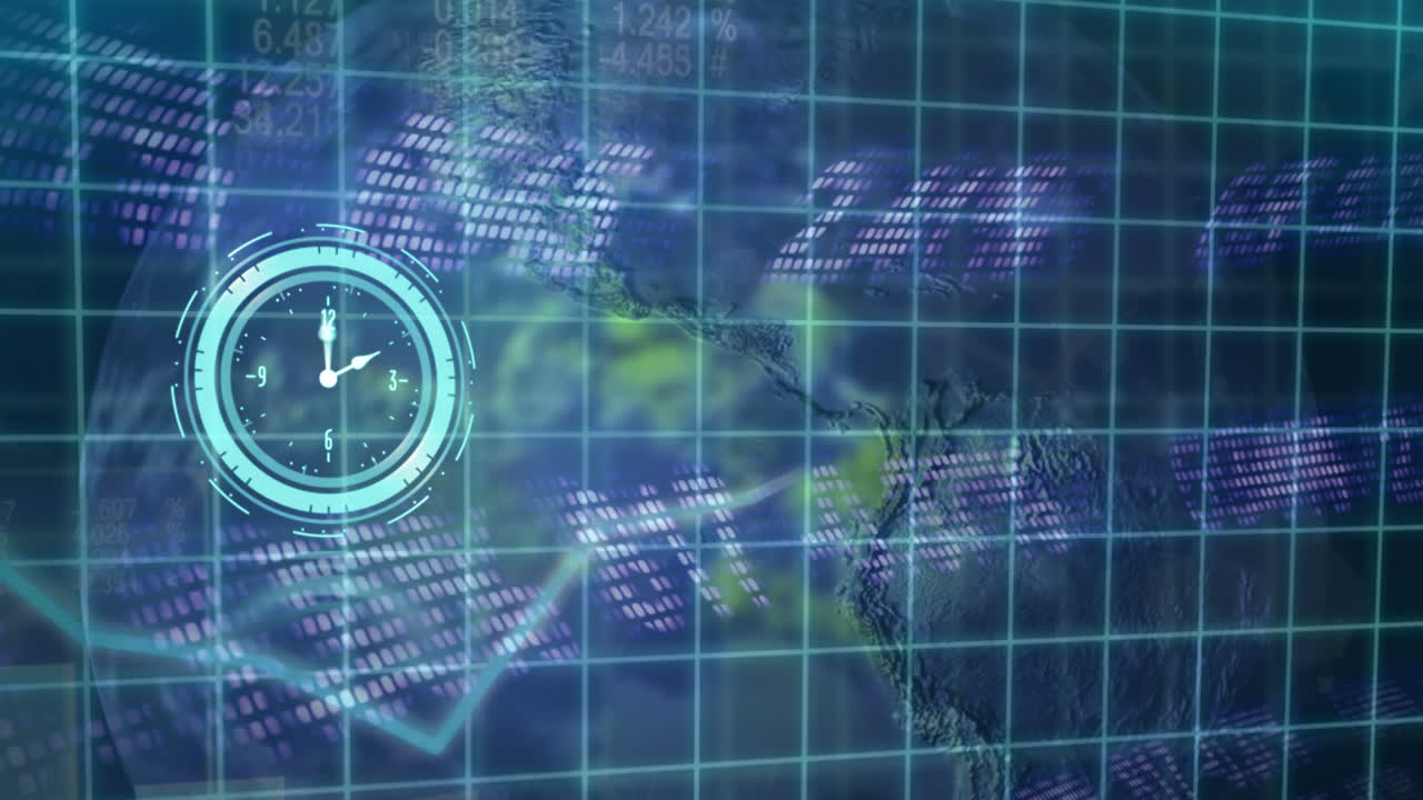animación del reloj moviéndose sobre el procesamiento de datos en fondo negro