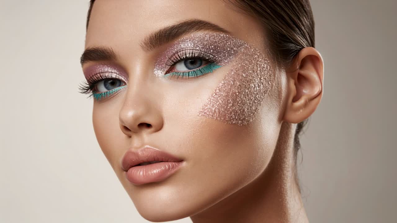 Photographer cueing female model shifting expression, angling face in studio, showing glitter cheek