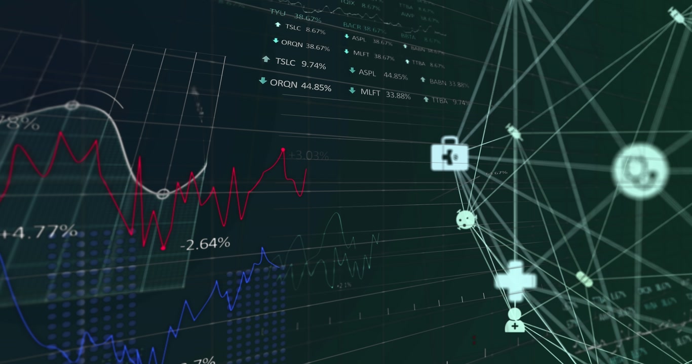 Animation of connected medical icons over multiple graphs and stock market data