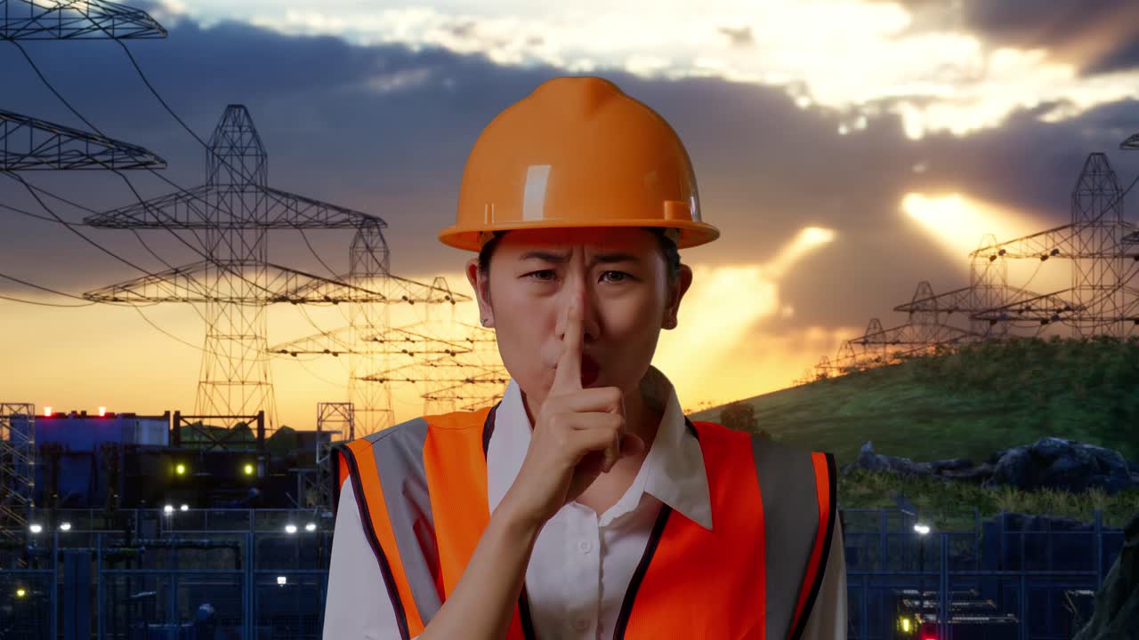 Close Up Of Asian Female Engineer With Safety Helmet Making Shh Gesture While Standing Near High Voltage Tower