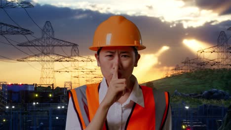 primer plano de una ingeniera asiática con casco de seguridad haciendo un gesto de silencio mientras está de pie cerca de la torre de alto voltaje