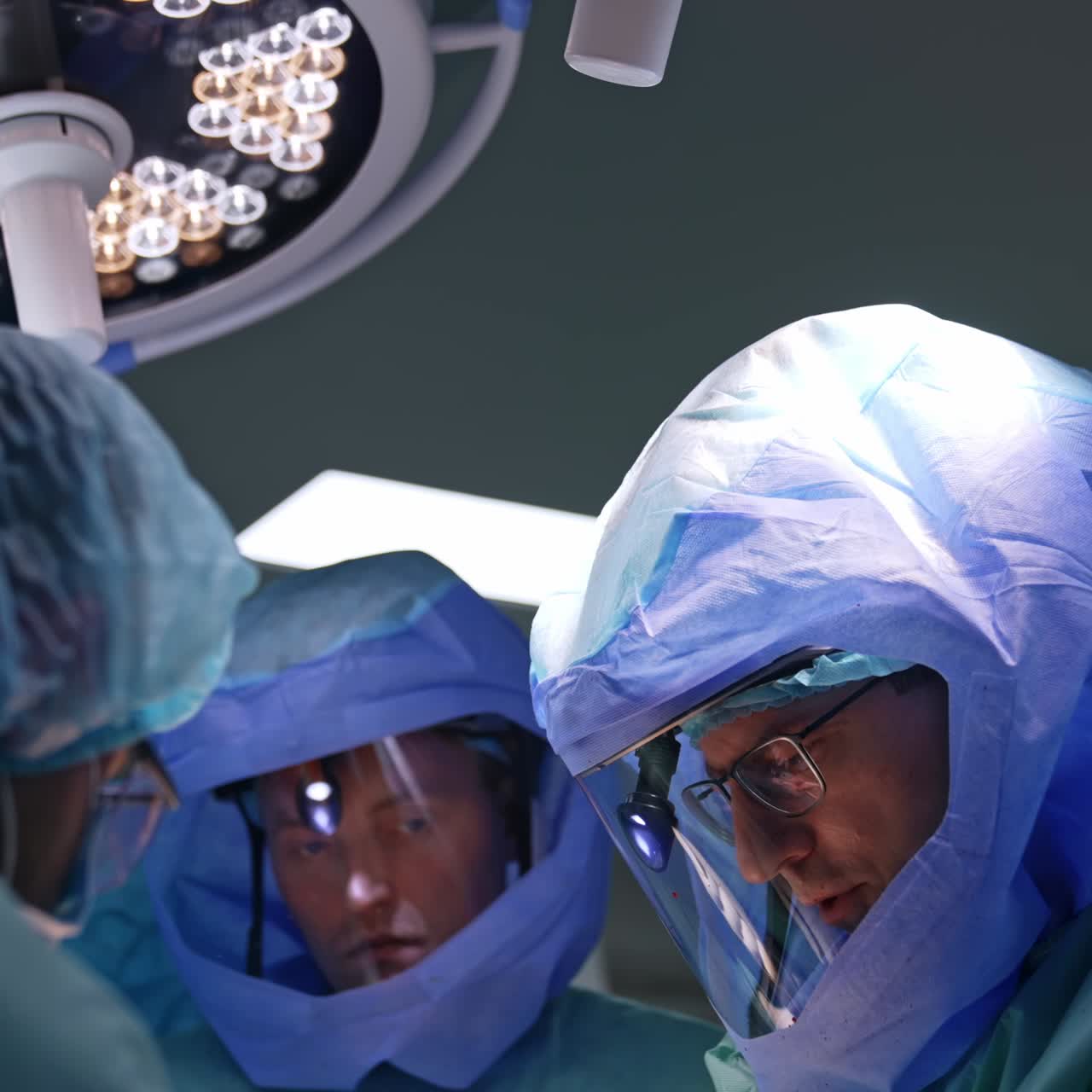 Un team chirurgico in tuta protettiva esegue un intervento artroscopico. Medici concentrati lavorano sotto le lampade circolari nella sala operatoria. Vista dal basso