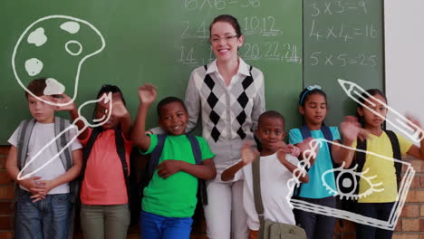 Animación-De-íconos-Escolares-Sobre-Diversos-Escolares-Y-Maestras-En-El-Aula