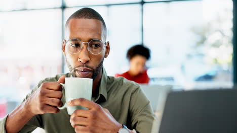 black man, business and reading on laptop