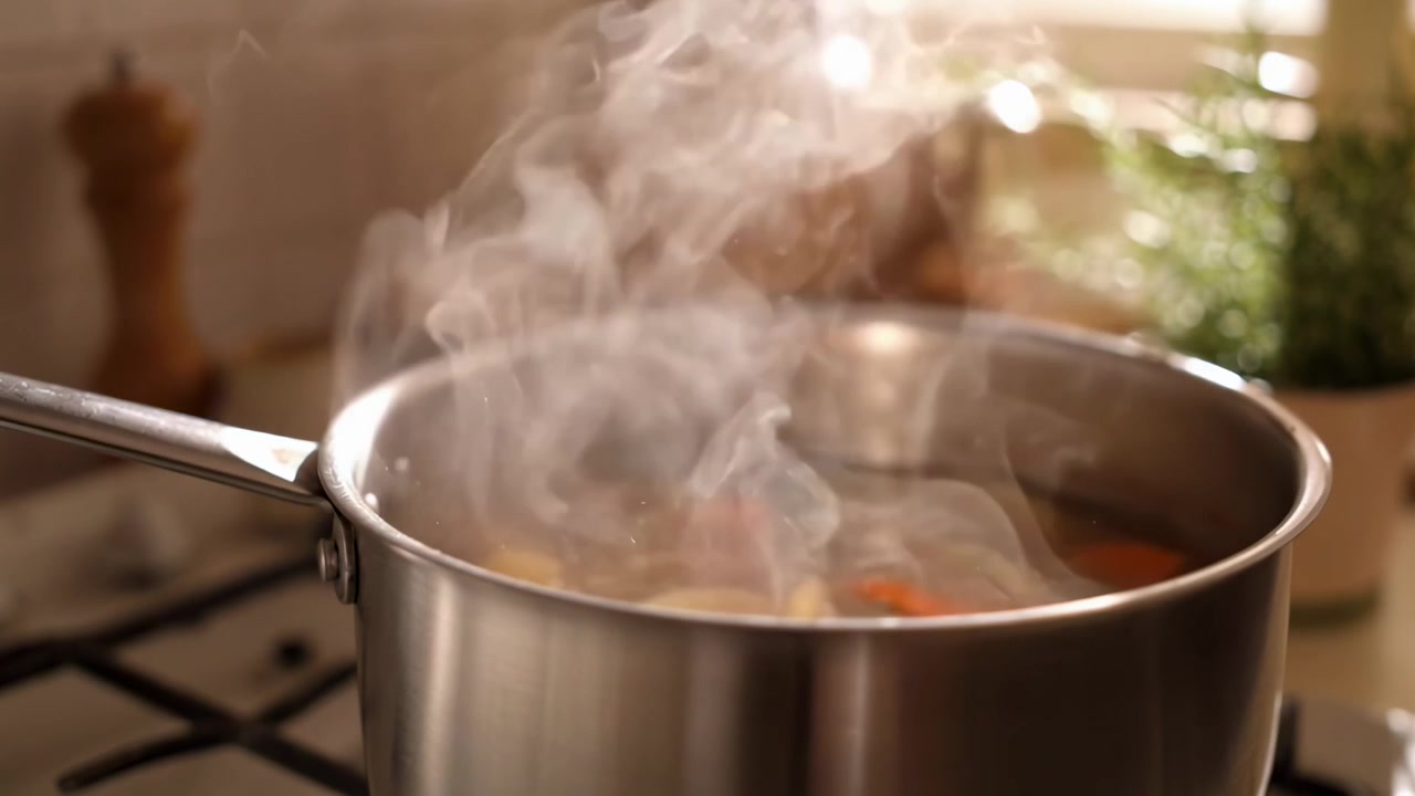 Verduras y Limón Hirviendo en una Olla sobre una Estufa de Cocina