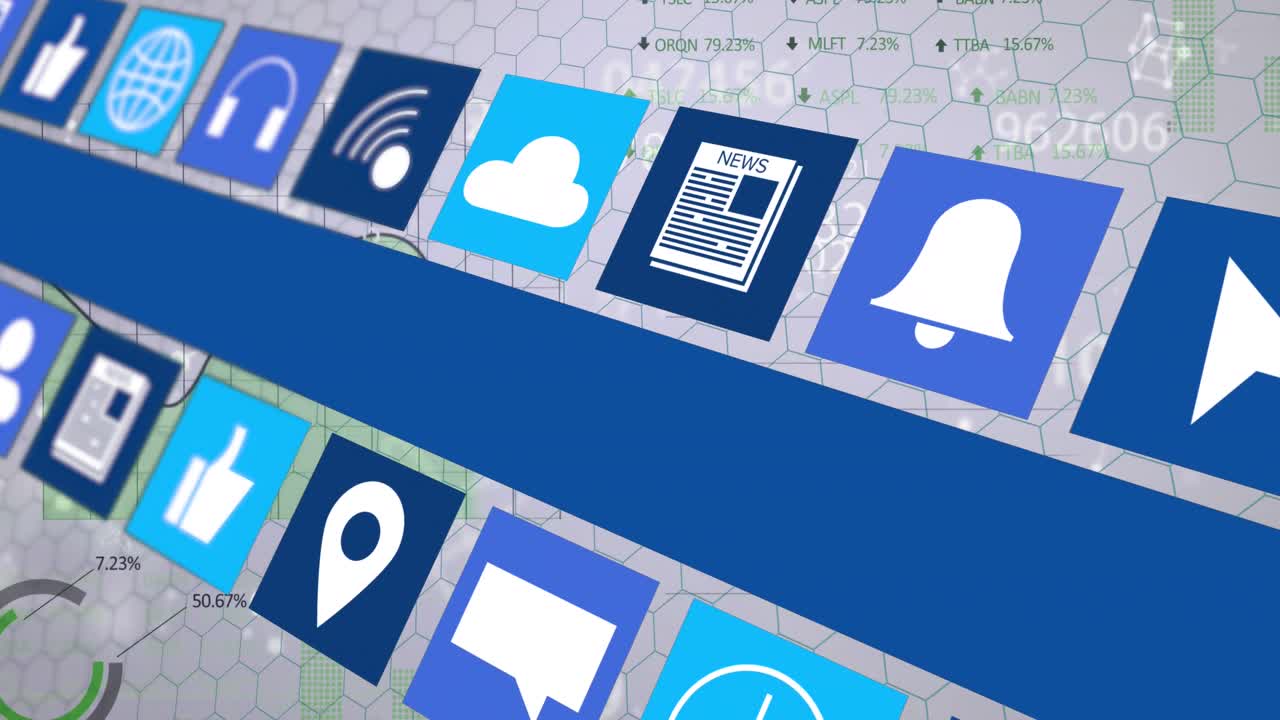 Animation of icons over data processing on white background