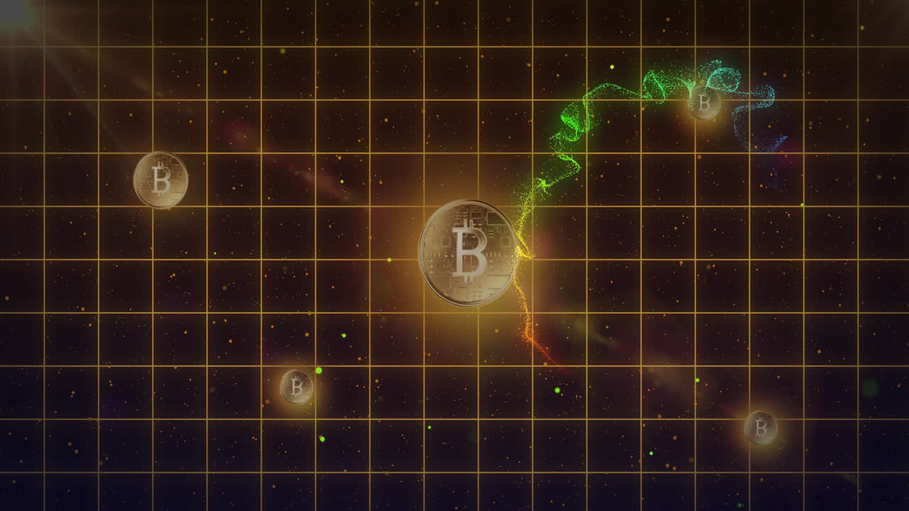 Bitcoin symbols floating in colorful cosmic animation with grid background