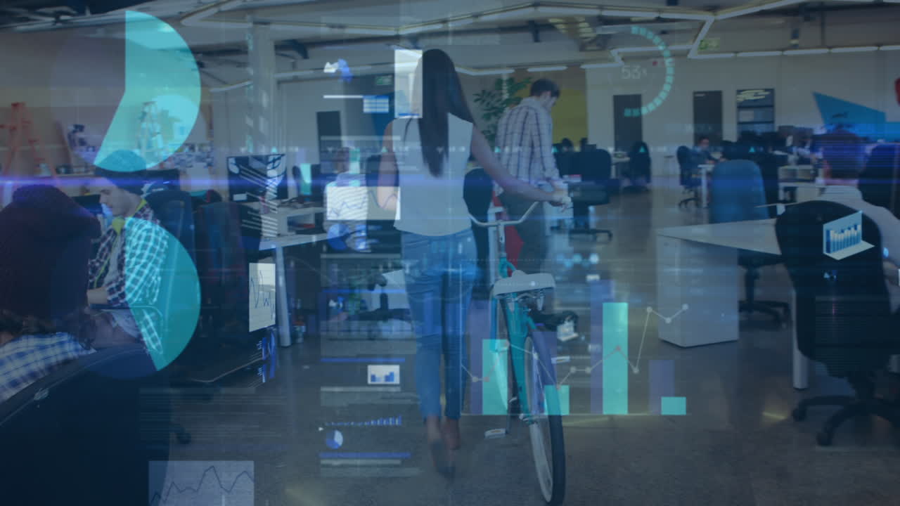 Animation of statistics and financial data processing over business people in office