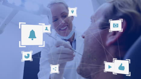 dentist examining patient with social media icons and network connections animation