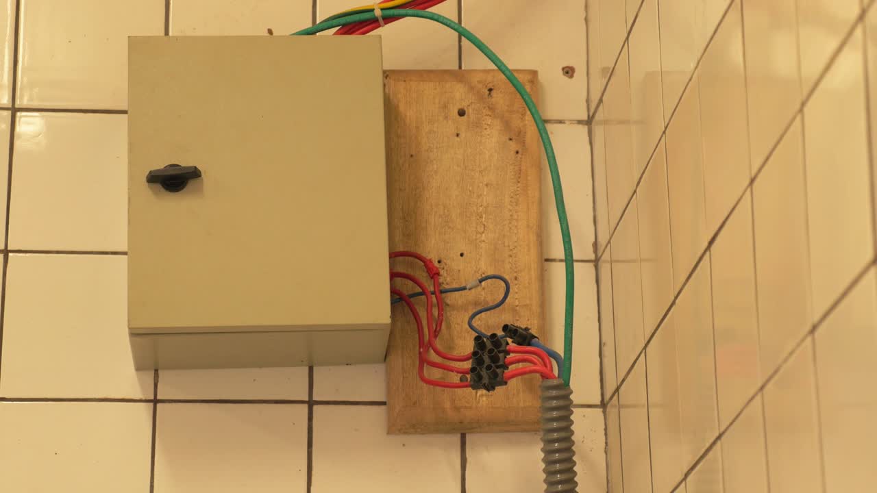 Electrical junction box mounted on a light brown tiled wall with exposed red and green wires in Yaoundé, Cameroon. Static close-up shot