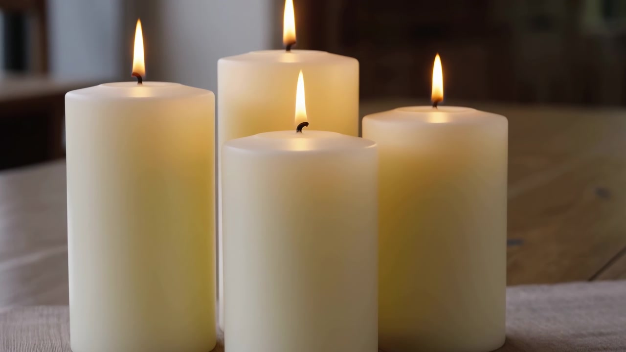 Una tranquilla scena interna che mostra candele in un ambiente di arredamento domestico caldo e invitante. La prospettiva fissa e frontale evidenzia l'atmosfera serena e accogliente creata dall'illuminazione soffusa.