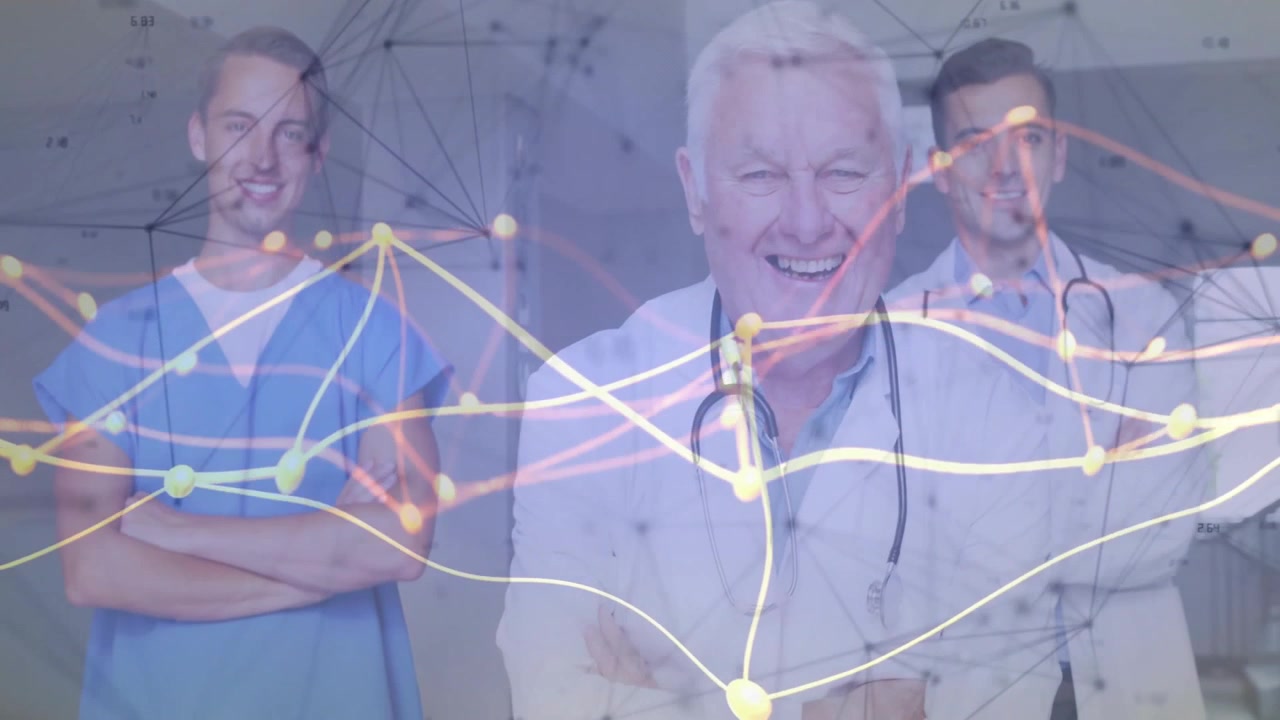Team medico in clinica che avvia una sovrapposizione di rete luminosa che illustra le connessioni del team