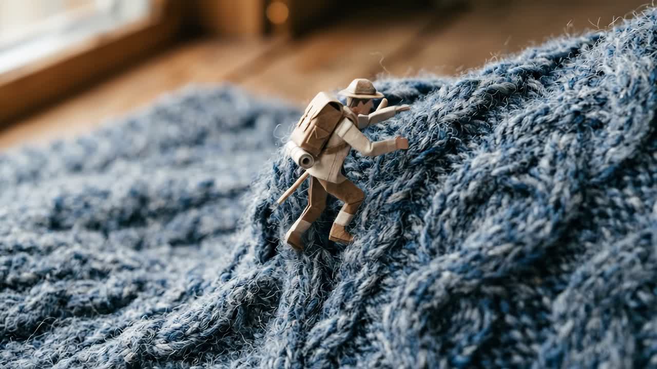 Miniature Hiker Figurine Climbing a Textured Blue Knitted Blanket