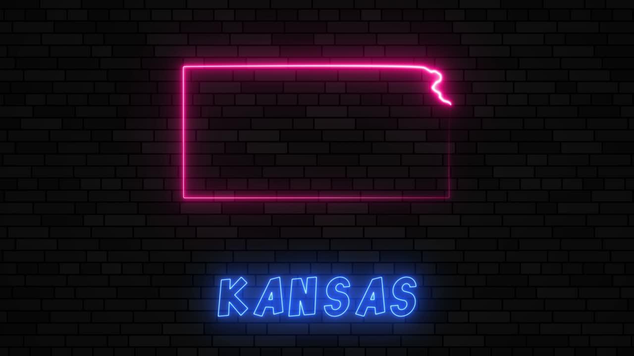 State of Kansas map silhouette with neon line on a dark brick wall background