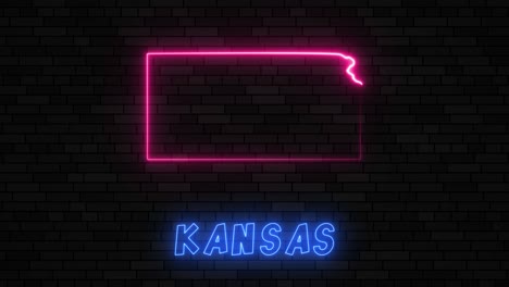 state of kansas map silhouette with neon line on a dark brick wall background