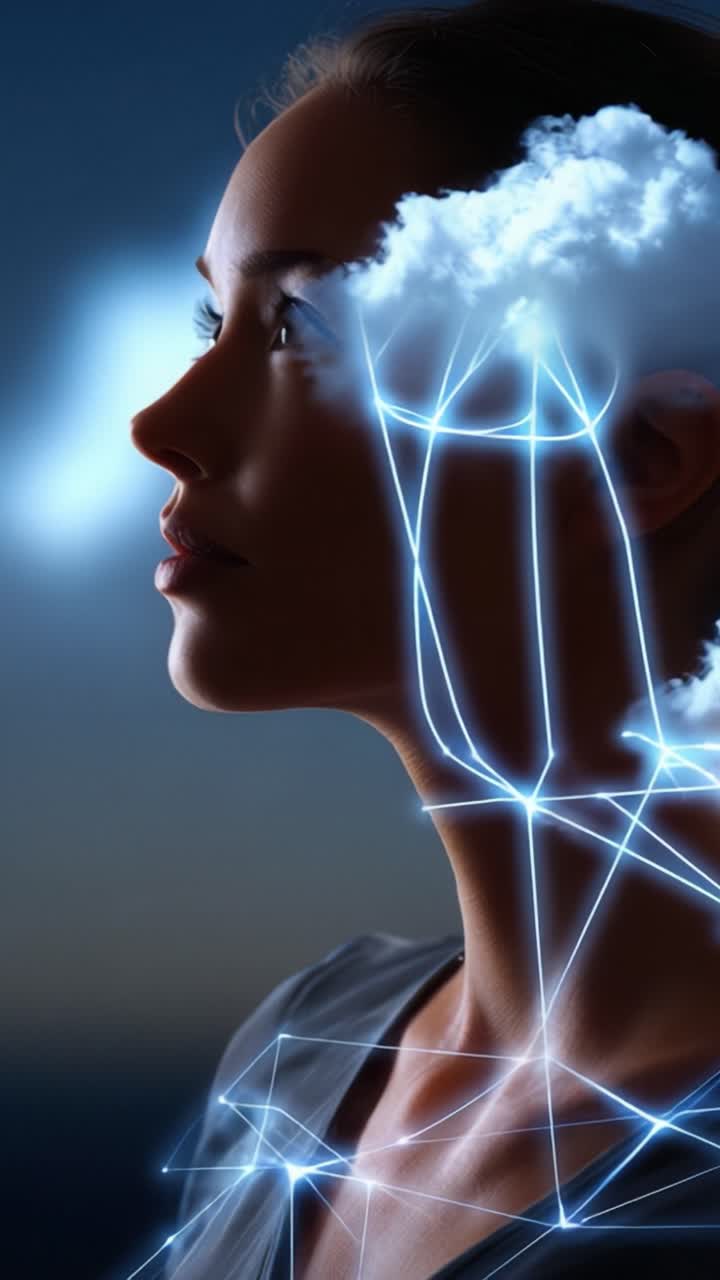 Una donna pensierosa di profilo con connessioni neurali e nuvole che si fondono in uno stato onirico, a simboleggiare creatività e immaginazione su uno sfondo crepuscolare