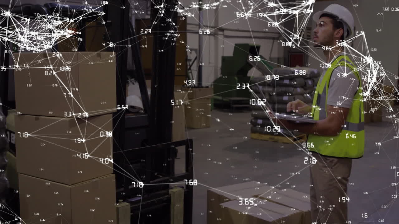 trabajador de almacén que utiliza clipboard, red animada de conexiones y procesamiento de datos