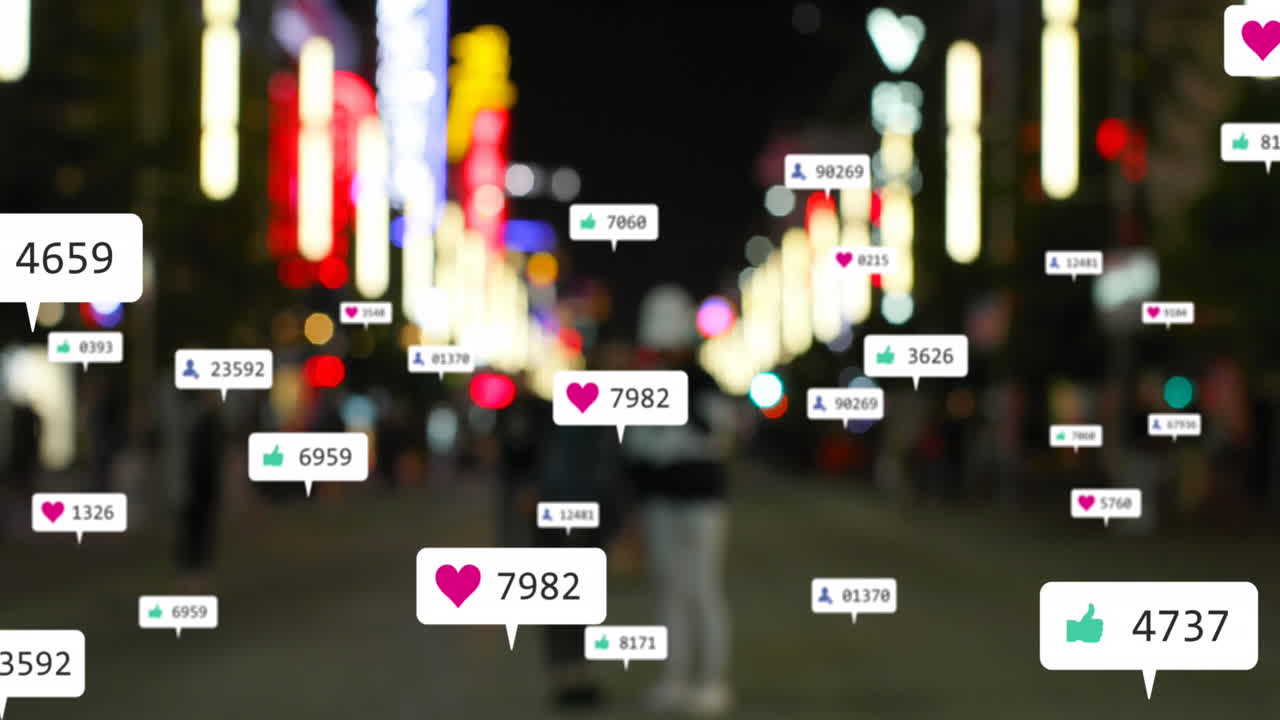 소셜 미디어 아이콘과 숫자의 애니메이션이 초점을 맞추지 않는 교통 신호등